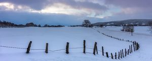 Preview wallpaper snow, fence, trees, winter, nature