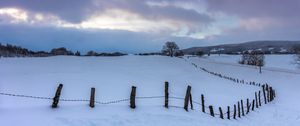 Preview wallpaper snow, fence, trees, winter, nature