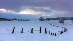 Preview wallpaper snow, fence, trees, winter, nature