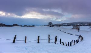 Preview wallpaper snow, fence, trees, winter, nature