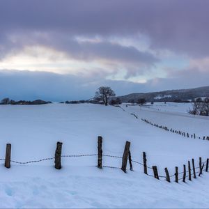 Preview wallpaper snow, fence, trees, winter, nature