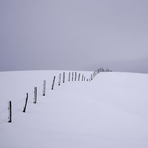 Preview wallpaper snow, field, fence, minimalism, white