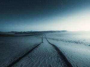 Preview wallpaper snow, field, trail, night, dark