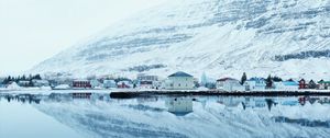 Preview wallpaper snow, hills, river, buildings