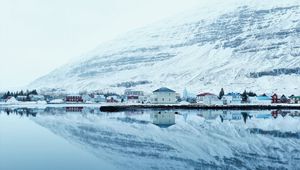 Preview wallpaper snow, hills, river, buildings