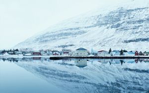 Preview wallpaper snow, hills, river, buildings