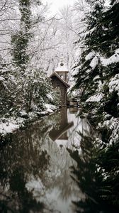 Preview wallpaper snow, house, river, trees