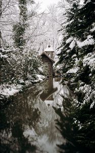 Preview wallpaper snow, house, river, trees