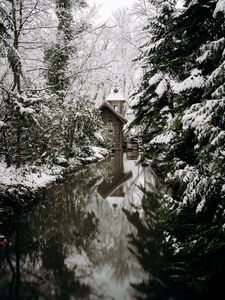 Preview wallpaper snow, house, river, trees