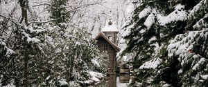 Preview wallpaper snow, house, river, trees