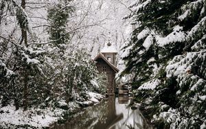 Preview wallpaper snow, house, river, trees