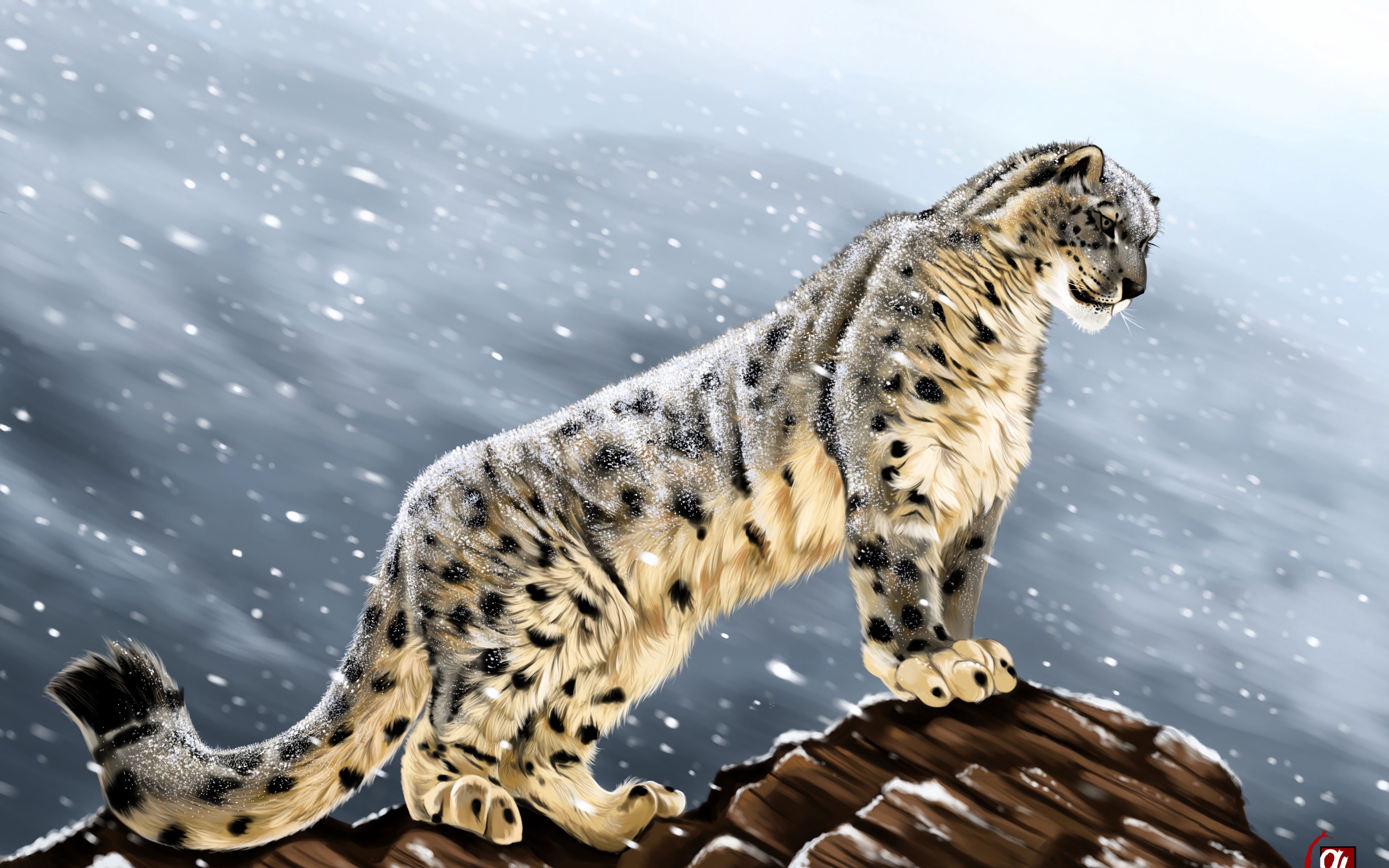 Download wallpaper 3840x2400 snow leopard, big cat, predator, glance,  stones, art 4k ultra hd 16:10 hd background