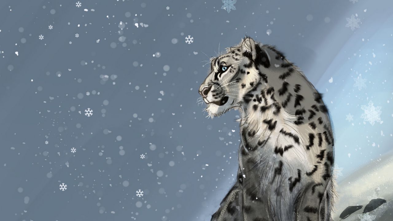 Wallpaper snow leopard, predator, snow, snowflakes, winter, art