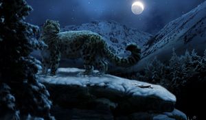 Preview wallpaper snow leopards, moon, winter