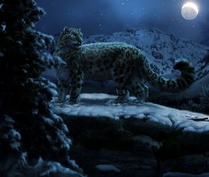 Preview wallpaper snow leopards, moon, winter