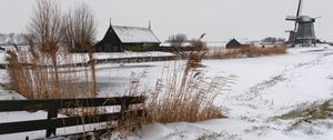 Preview wallpaper snow, mill, village, cold, farm, house, ears
