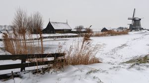 Preview wallpaper snow, mill, village, cold, farm, house, ears