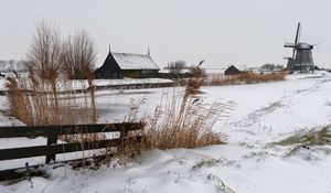 Preview wallpaper snow, mill, village, cold, farm, house, ears