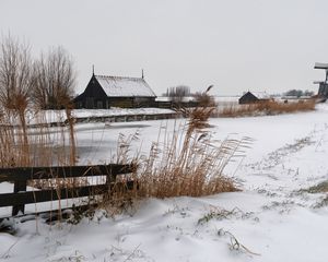 Preview wallpaper snow, mill, village, cold, farm, house, ears