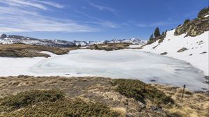 Preview wallpaper snow, moss, mountains, sky, nature