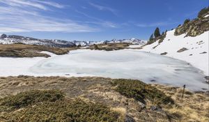 Preview wallpaper snow, moss, mountains, sky, nature