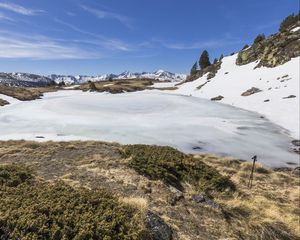 Preview wallpaper snow, moss, mountains, sky, nature