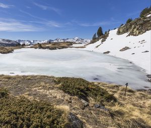 Preview wallpaper snow, moss, mountains, sky, nature