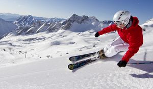 Preview wallpaper snow, mountains, blue skies, skiing, carving