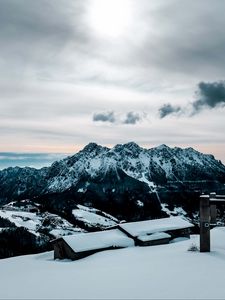 Preview wallpaper snow, mountains, peaks, buildings