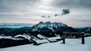 Preview wallpaper snow, mountains, peaks, buildings