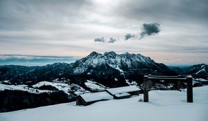 Preview wallpaper snow, mountains, peaks, buildings