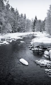 Preview wallpaper snow, river, forest, trees