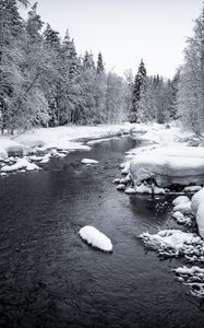Preview wallpaper snow, river, forest, trees