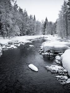 Preview wallpaper snow, river, forest, trees