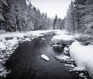 Preview wallpaper snow, river, forest, trees