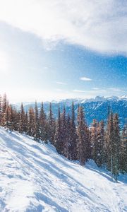 Preview wallpaper snow, slope, mountains, winter, trees, snowfall