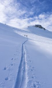 Preview wallpaper snow, trace, skiers, silhouettes, slope, mountain