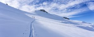 Preview wallpaper snow, trace, skiers, silhouettes, slope, mountain
