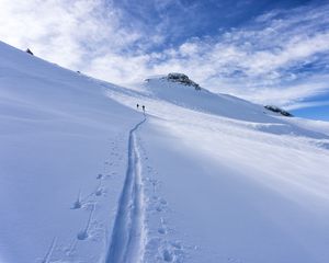 Preview wallpaper snow, trace, skiers, silhouettes, slope, mountain