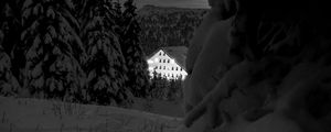 Preview wallpaper snow, trees, house, night, winter, bw