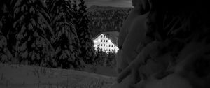 Preview wallpaper snow, trees, house, night, winter, bw