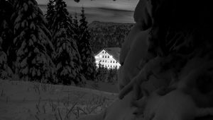 Preview wallpaper snow, trees, house, night, winter, bw