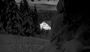 Preview wallpaper snow, trees, house, night, winter, bw
