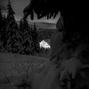 Preview wallpaper snow, trees, house, night, winter, bw