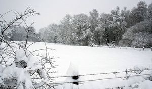 Preview wallpaper snow, winter, park, fence, trees, snowdrifts