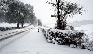 Preview wallpaper snow, winter, park, road, fence