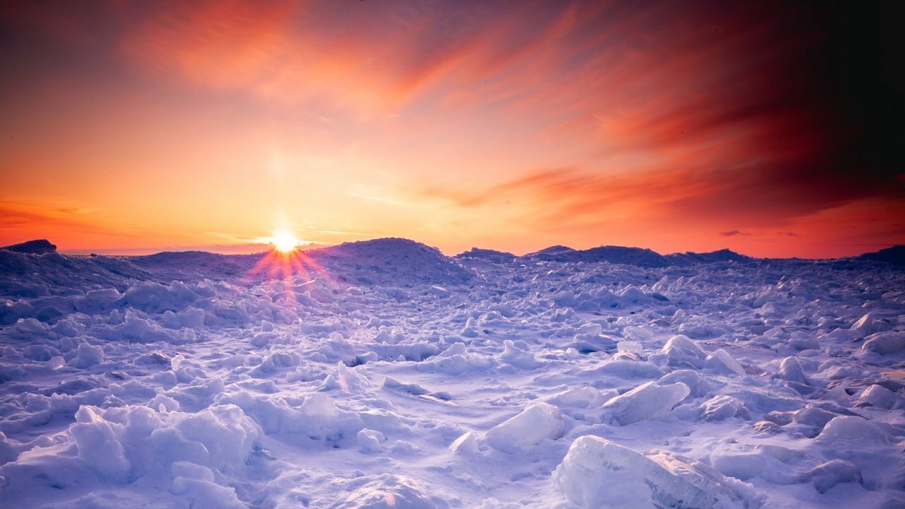 Wallpaper snow, winter, sunset, horizon, ice