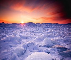 Preview wallpaper snow, winter, sunset, horizon, ice