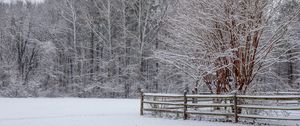Preview wallpaper snow, winter, trees, forest, fence, landscape, white