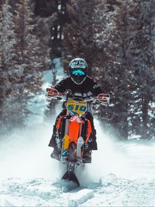 Preview wallpaper snowbike, bike, racer, snow, forest, winter